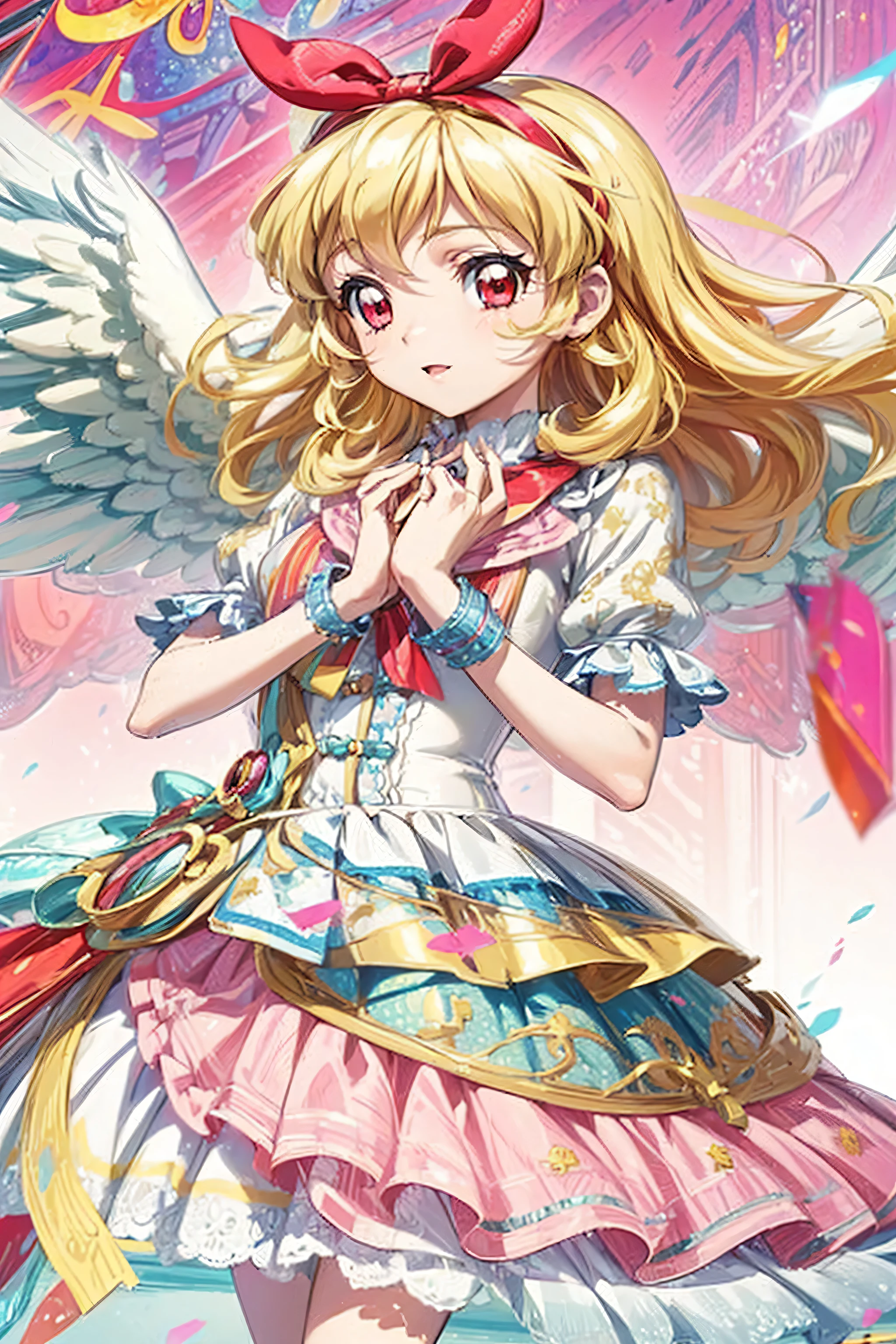 COWBOY shot:1.4,(masterpiece, best quality, highly detailed, ultra detailed, high resolution, absurdres, 4K, 8K:1.2), (official art, incredibly fine illustration, extremely detailed CG, detailed background, cinematic lighting, dynamic angle, perfect hands, detailed shiny skin, detailed hair, detailed eyes)(extremely awesome detailed pretty  face,beauty face)(extremely detailed)(Three-dimensional depiction)
BREAK,,aikatsu,hosimiya ichigo, 1girl, , solo, , Blonde hair, , ANGEL wing, RED eyes, looking at viewer,Ichigo Hoshimiya (Aikatsu!)