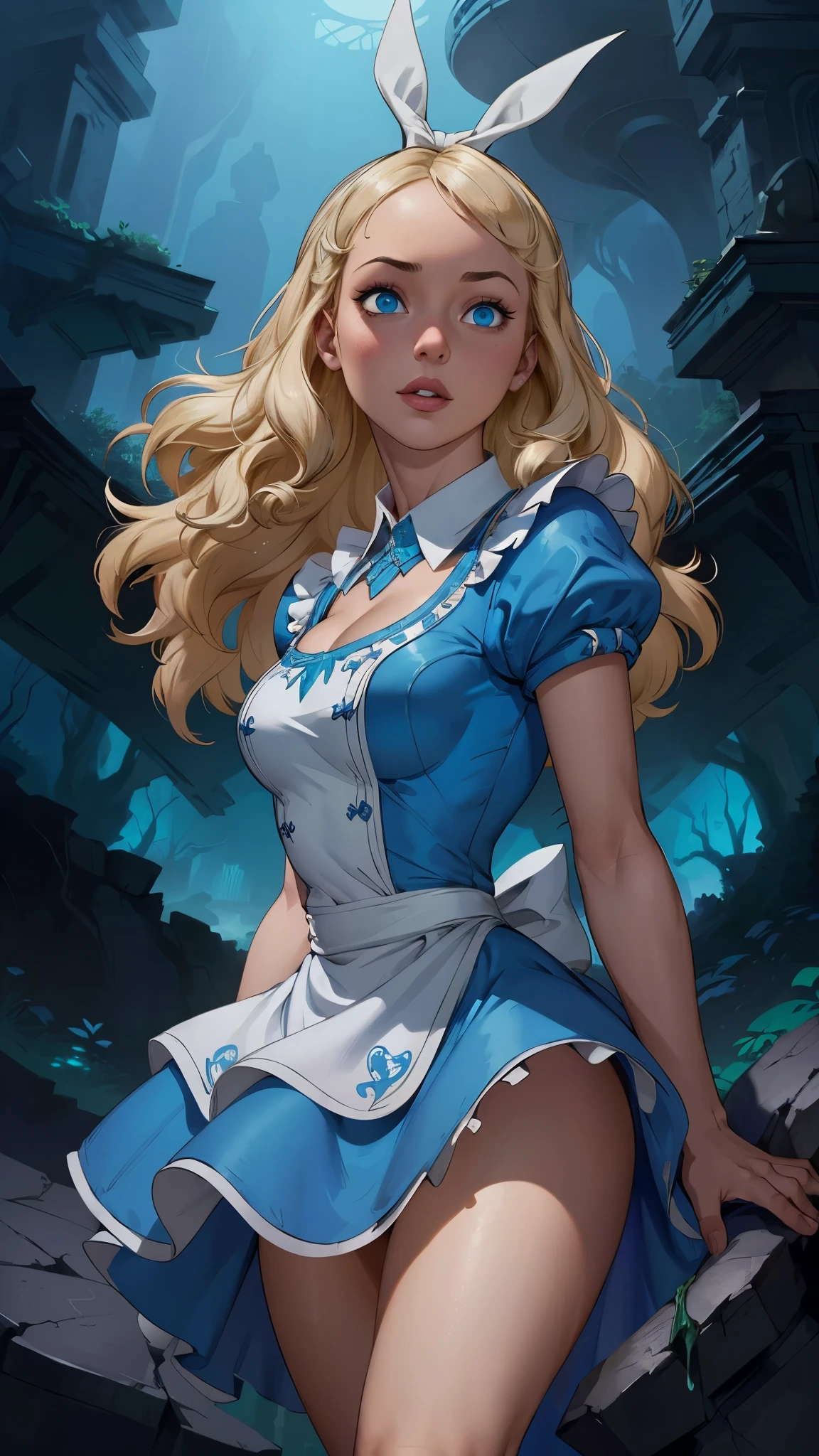 (La mejor calidad,A high resolution,Ultra - detallado,actual),Alice Wonderland, vestido corto azul, medias white muslo, cabello largo amarillo, ,(Fondo de ruinas de mazmorra en ruinas bosque tenebroso cyberpunk :1.4 ), More detailed 8K.motor irreal:1.4,UHD,La mejor calidad:1.4, fotorrealista:1.4, textura de la piel:1.4, obra maestra:1.8,obra-prima, mejor calidad,objeto Objeto], (detailed face features:1.3),(Las proporciones correctas),(Ojos hermosos azules:1.4 ),  (pose vaquero),( Alice Wonderland:1.4), (Alice Wonderland V2.1), (perfect anatomy :1.4),( no mutaciones), (Alice Liddell Disney:1.4), (dynamic cowboy pose), (face detailed :1.4), (mostrando panties), (cinematic lighting :1.4), score_9, score_8_up, score_7_up, score_6_up, rating_explicit, 1girl, ((18YO:1.2)), Adult, full lips, big clear eyes, blue eyes, ((blond hair:1)), (long wavy hair: 1.2),( orejas de coneja white:1.4 ), (delantal white), (medias asta los muslos), (vestido estampado de casino figura:1.4 ) 