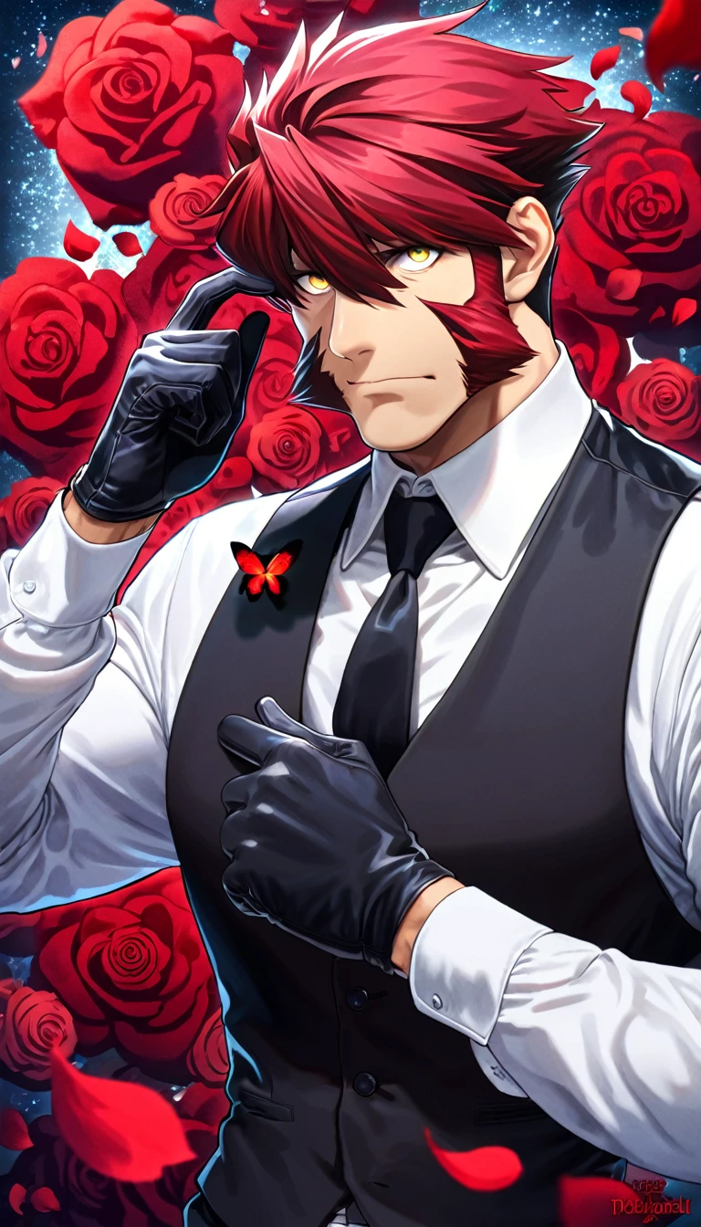 absurdres, highres, ultra detailed, HDR, master piece, best quality, extremely detailed face and eyes, Klaus Von Reinhertz, red hair, expressive yellow eyes, Kekkai Sensen, solo, sexy man, handsome, white shirt, black vest, black gloves, cross, red butterflies, petals, magical, fantasy, red roses, red gemstone background