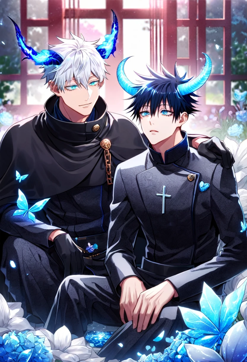 Ultra detailed, HDR, Highres, absurdres, master piece, Gojo Satoru, white hair with bangs, expressive blue eyes, white eyelashes, hair between the eyes, Fushiguro Megumi, black hair, expressive blue eyes, Jujutsu Kaisen, blue glittering butterflies, petals, fantasy, blue flowers, two sexy man together, gay couple, yaoi, extremely detailed face and eyes, handsome, glittering, garden, black cape with patterns, black demon clothes, demon king, blue flames, cross, black gloves, radiant, black demon horns, love, ice, sitting, chains,