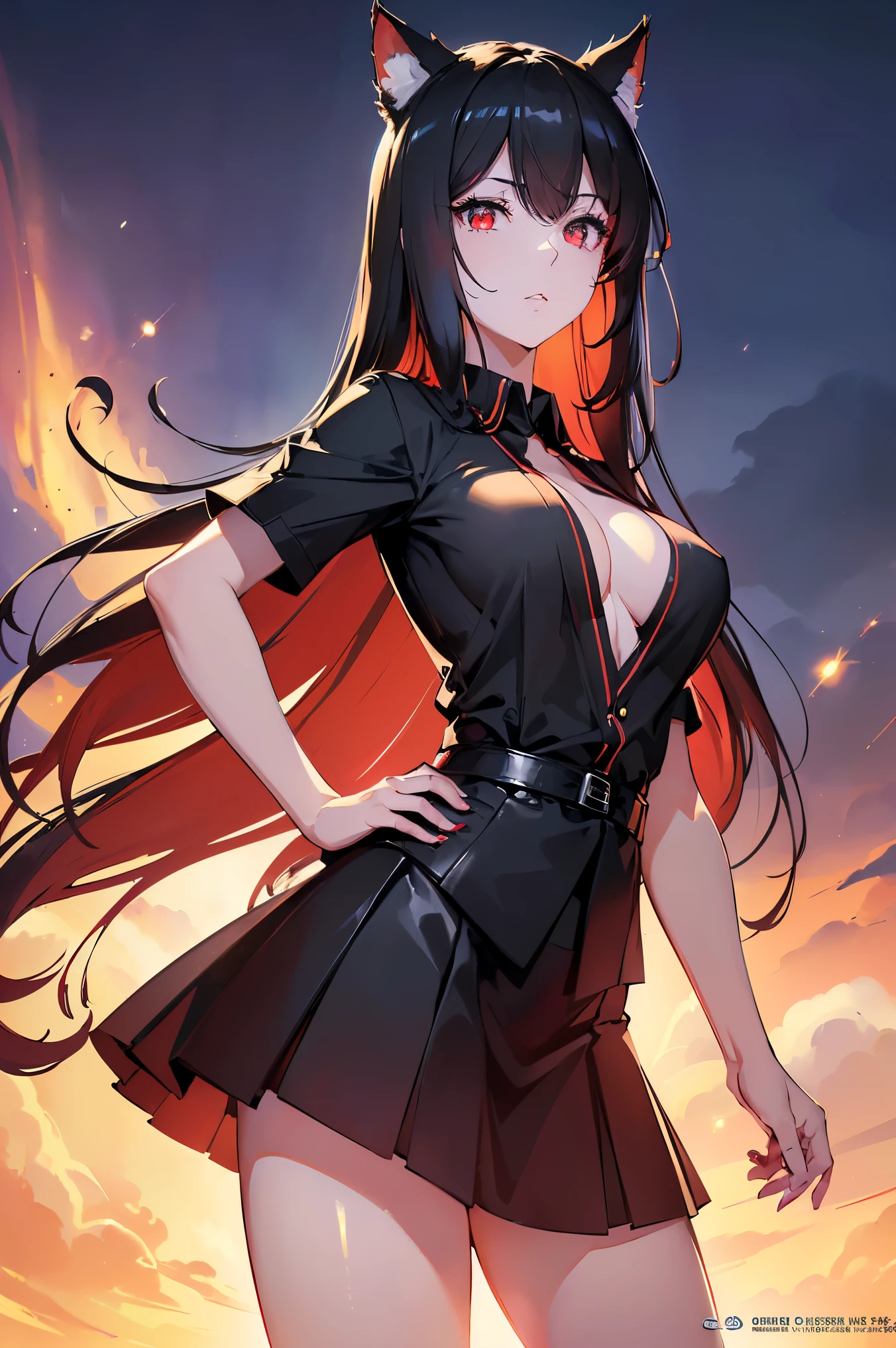 (Cat girl), (smoking), cat ears, black hair, business casual attire, cool, red dress shirt, pretty red eyes, cat tail, ((Crimson Red Eyes eyes: 1.3, Upturned Eyes: 1, Perfect Eyes, Beautiful Detailed Eyes, Gradient eyes: 1, Finely Detailed Beautiful Eyes: 1, Symmetrical Eyes: 1, Big Highlight On Eyes: 1.2)), (((Lustrous Skin: 1.5, Bright Skin: 1.5, Skin Fair, Shiny Skin, Very Shiny Skin, Shiny Body, Plastic Glitter Skin, Exaggerated Shiny Skin, Illuminated Skin))), (Detailed Body, (Detailed Face)), (((Skirt))), High Resolution, Sharp Focus, Ultra Detailed, Extremely Detailed, Extremely High Quality Artwork, (Realistic, Photorealistic: 1.37), 8k_Wallpaper, (Extremely Detailed CG 8k), (Very Fine 8K CG), ((Hyper Super Ultra Detailed Perfect Piece)), (((Flawless masterpiece))), Illustration, Vibrant Colors, (Intricate), High Contrast, Selective Lighting, Double Exposure, HDR (High Dynamic Range), Post-processing, Background Blur, (Sexy pose), (Mature woman), big sis