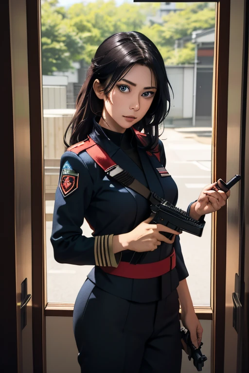 survival game、Black combat uniform、survival gameのフィールド、A beautiful girl is holding a pistol、head to waste、