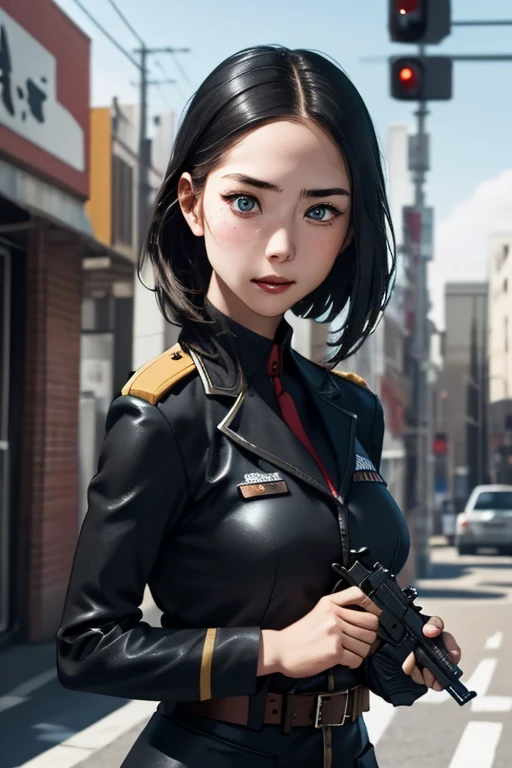 survival game、Black combat uniform、survival gameのフィールド、A beautiful girl is holding a pistol、head to waste、