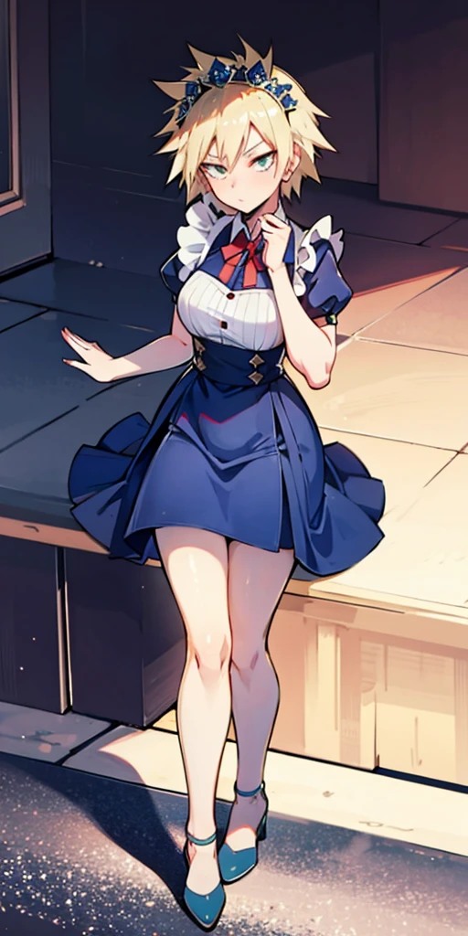 1girl, full body, short blonde hair, green eyes, blue maid dress, mitsuki bakugo from my hero academy