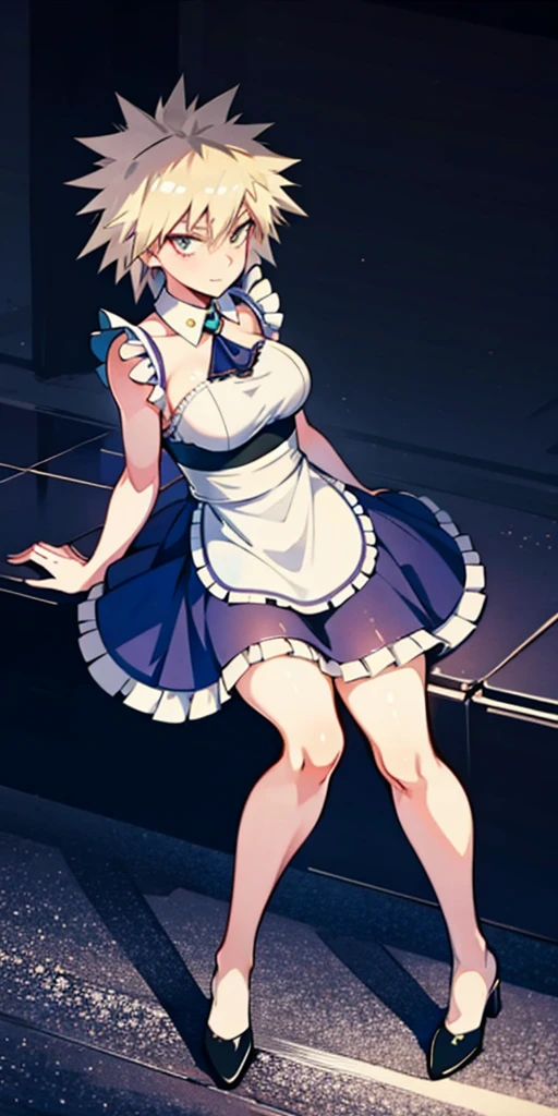 1girl, full body, short blonde hair, green eyes, blue maid dress, mitsuki bakugo from my hero academy