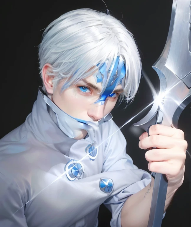 ((rosto perfeito)), ((corpo perfeito)), ((ultra detalhada)), ((corpo inteiro)), ((ultra realista)), a boy with white hair and blue eyes with a sword in his hand