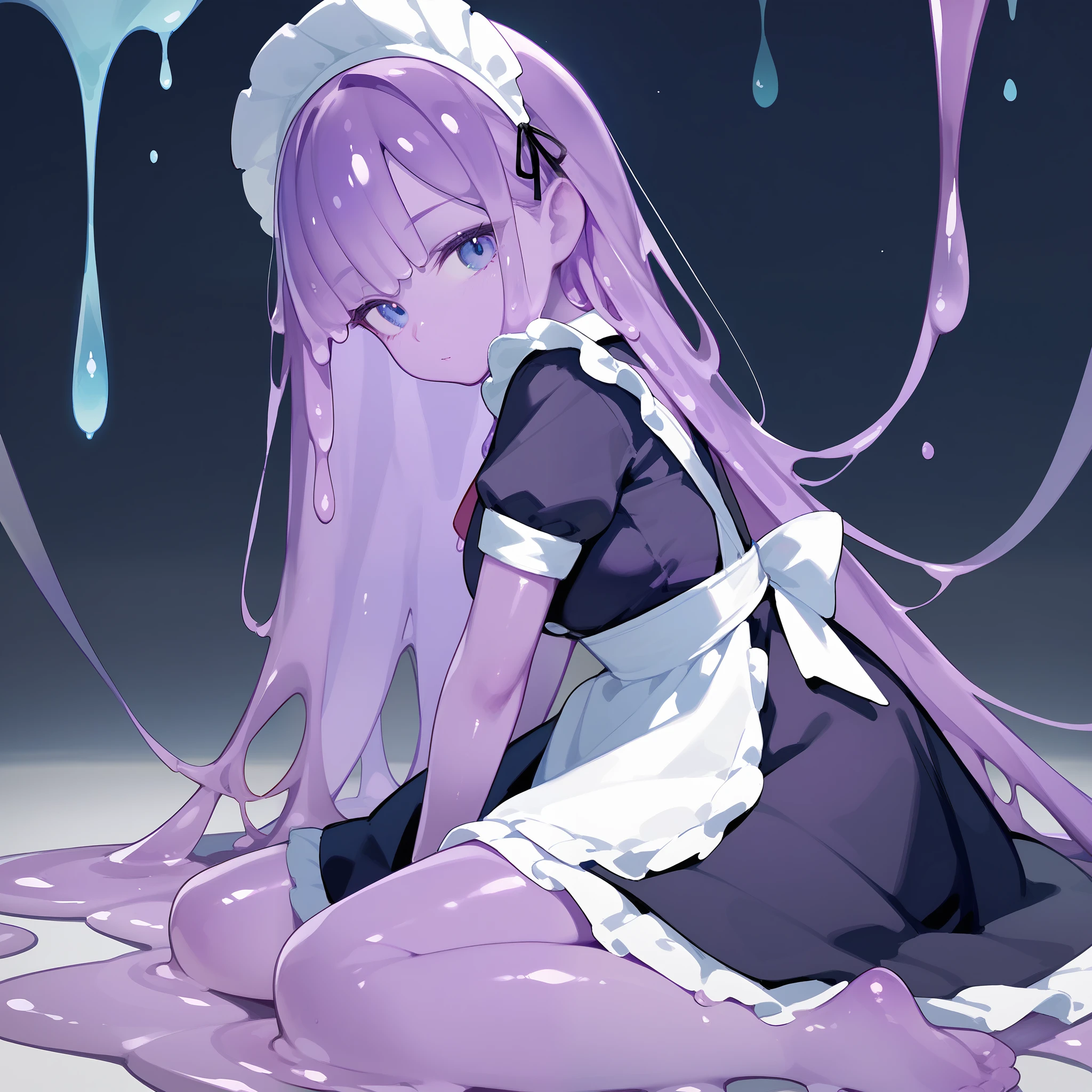 (score_9, score_8_up, score_7_up), 1girl, slime girl, purple skin, maid outfit, long hair, blue eyes, looking at viewer, innocent, cute, medium breasts, standing, arms on sides, head tilt 