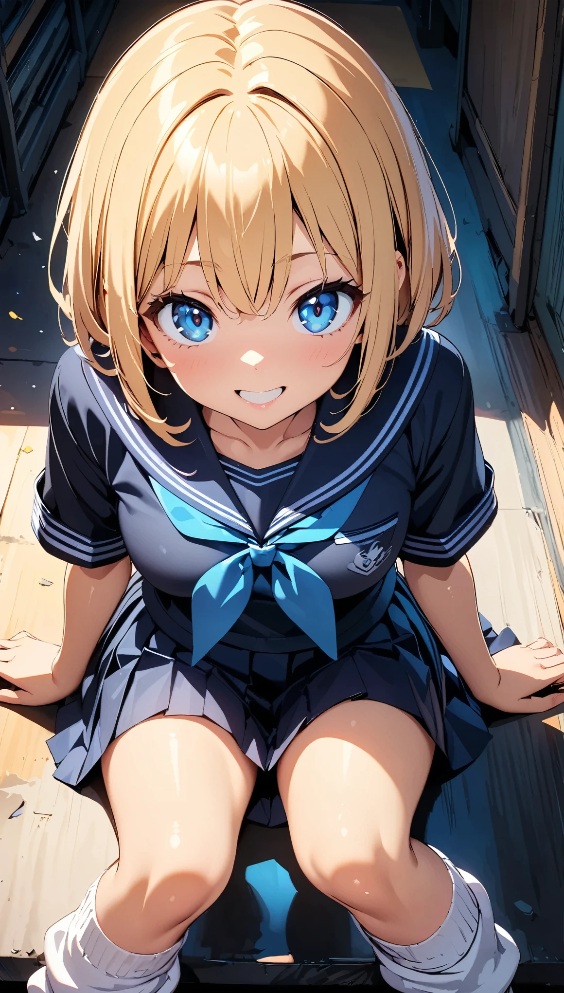 (highest quality:1.2, 4K, 8k, Studio Anime, Very detailed, Latest, Vibrant, High detail, High Contrast, masterpiece:1.2, highest quality, Best aesthetics), (((1 girl))), Sit and pose, jk, Sailor suit, Pleated skirt, loose socks, loafers, Please open your mouth a little:1.2, smile, Dynamic Angle, look up:1.3, Friendly atmosphere, Beautiful Hair, Shiny Hair, Beautiful Skin, detailed face and eyes, Glossy lips, female curvy beauty, Striking contrast,