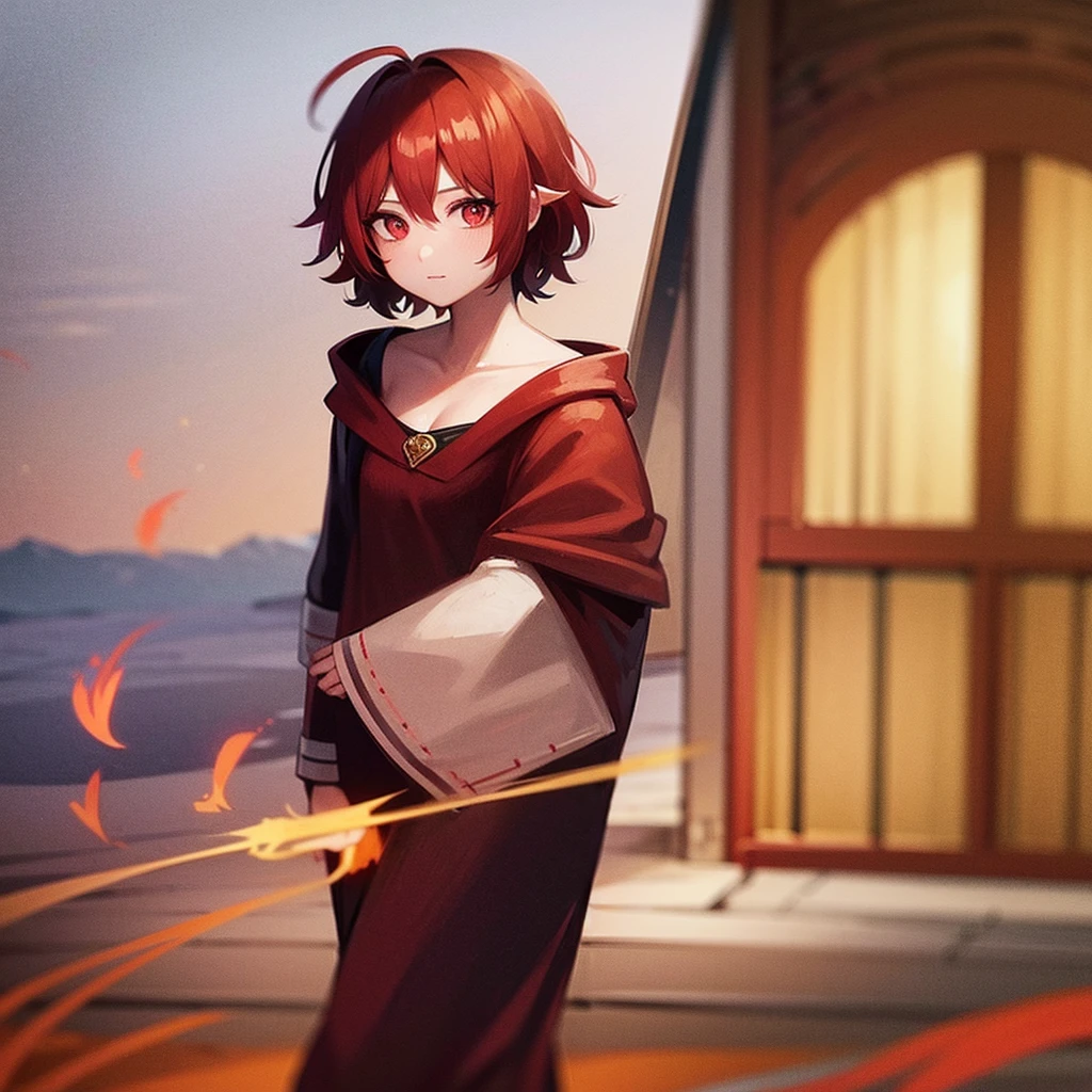 Phoenix Flame，hair over one eye, red hair, ahoge, short hair, red eyes, devil pupils, 8k, super detail, UHD, high quality, high details, 16k，Cute goddess