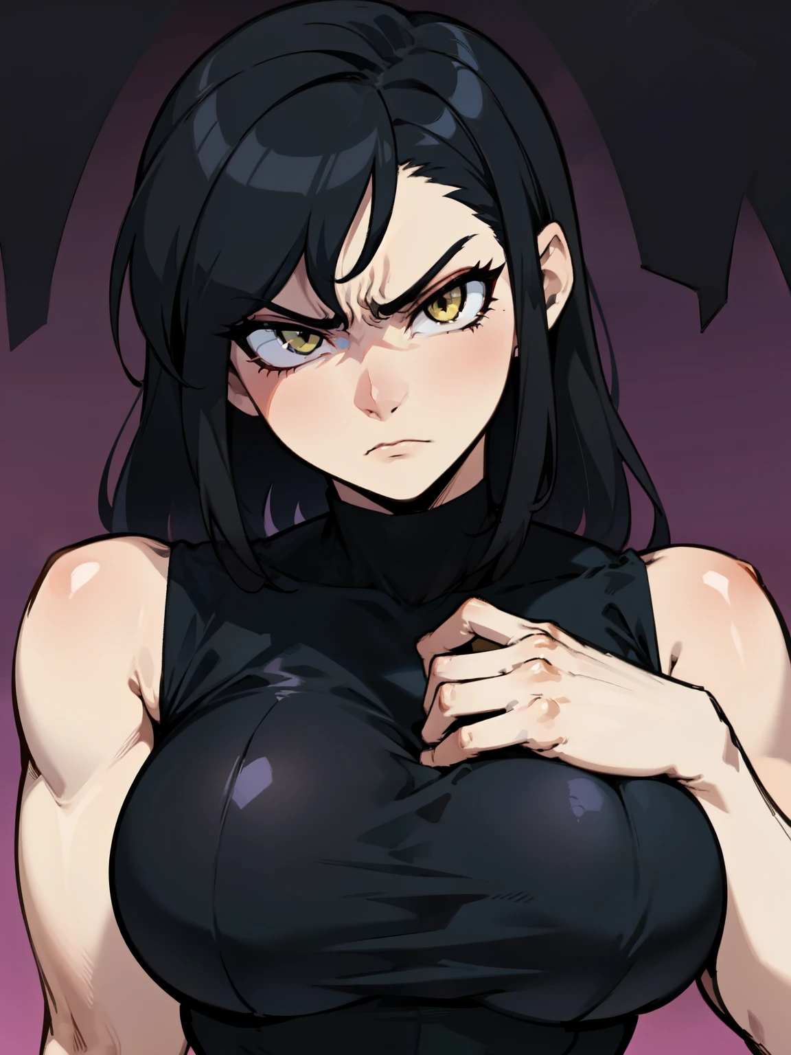 muscular girl huge breasts pale skin black hair long hair yellow eyes disdain annoyed disgusted disappointed