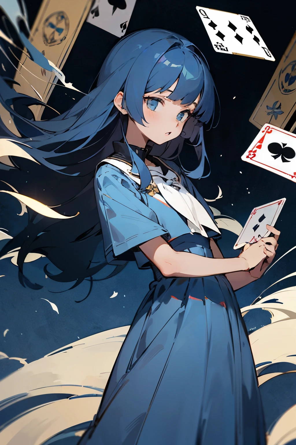 Female, late twenties , black-blue hair with bangs, long hair, light skin, dressed in a navy blue dress, deck of cards in her hands with Ace of Clubs on top, standing sideways face towards the left side of the image,