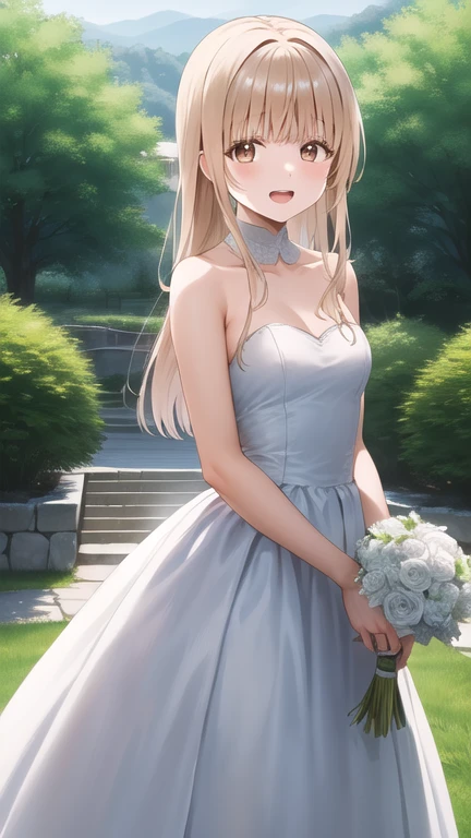 masterpiece, best quality, highres, Shiina Mahiru, long hair, small breasts, strapless, wedding dress, white dress, garden, standing, cowboy shot, smile, open mouth, holding bouquet, confetti,