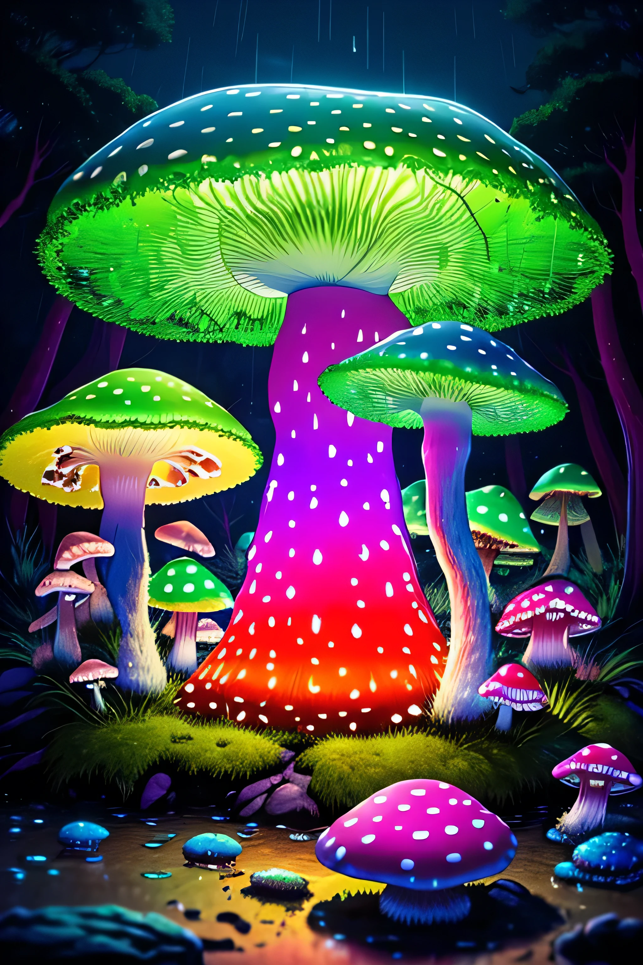 (Very detailed:1.2),(highest quality:1.2),8k,Sharp focus, (Scattered beneath the surface of the water:1.1)、rain、rain、rain、Forest road、(Forest roadが長く続いている)、(Glowing magical bioluminescent mushrooms:1.2),Psychedelic magic particles in the air, (neon bioluminescent mushroom forest at night:1.2), (magic firefly:1.2) (Very detailed trees、Rocks and moss:1.2), (Very detailed background:1.3), roleplaying game, Eldon Ring Style, (Fantasy:1.3),(Surreal:1.1), (((night))), Cinema Lighting, Very detailed, Art Station,Smooth, Sharp focus, Types of bacteria, Greg Lutkoski, Edited selection, trending on Art Station, Trending on deviantart, Knock me out, (By comparison:0.4),