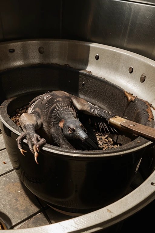 a dead vulture is getting cooked in a pot 