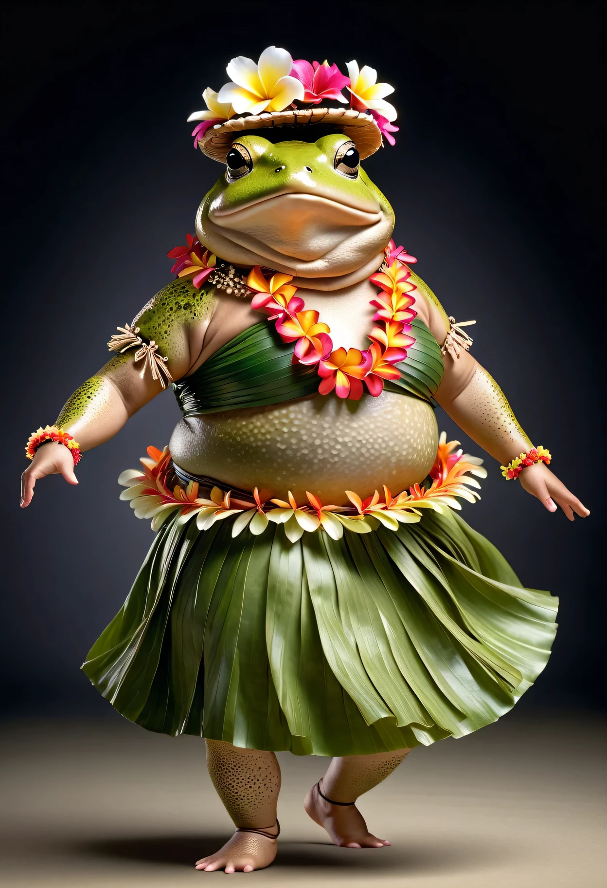 photorealistic portrait of Dressed animals - a ((fat)) toad hula dancer,(hula dancing:2.0), (hula dance pose :1.5),high quality,(lovely) ,intricate details, natural toad skin , highly detailed ((female hula dance costume)) ,highly detailed decorations, wearing flower lei and (bikini), (happy), studio lighting,(full body image:1.5),simple background,(looking far away:1.5)