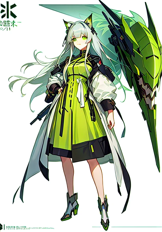 Close-up of a person wearing a green dress with a cat on his shoulder, Villain Anime Girl, Wearing long, loose clothing, a Silver Hair mad, Full body concept, ( ( Character Concept Art ) ), Silver Hairの少女, Clear costume design, Girls Frontline Style, The truth of the matter, From Girls Frontline, Kantai Collection Style,  In a dress, Silver Hair