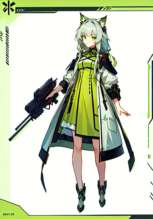 Close-up of a person wearing a green dress with a cat on his shoulder, Villain Anime Girl, Wearing long, loose clothing, a Silver Hair mad, Full body concept, ( ( Character Concept Art ) ), Silver Hairの少女, Clear costume design, Girls Frontline Style, The truth of the matter, From Girls Frontline, Kantai Collection Style,  In a dress, Silver Hair