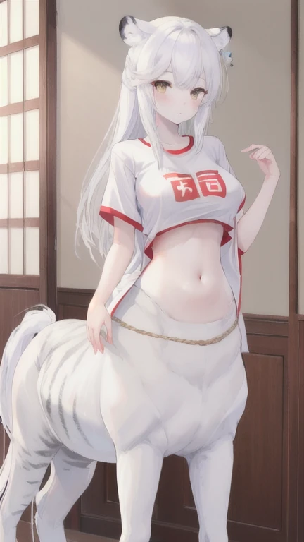 (best quality, masterpiece), 1 girl, centaur, It takes,White skin, Japanese , belly button t-shirt, 아름다운 소녀 perfect white tiger photo, perfect white tiger photo