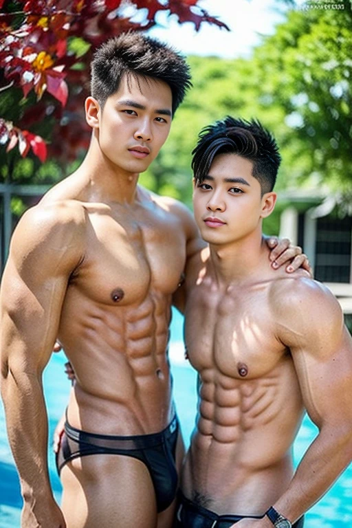 Boys Love, gay, No clothes, Two boys in love with each other, y Boys, Muscular Boys, NakMasculine features, masculine, twinks, , Traditional style of Japan, Embarrassed face, pectoral muscles, abdominals, Cool atmosphere, Stylish, Luxurious, Maples, Racy underwear
