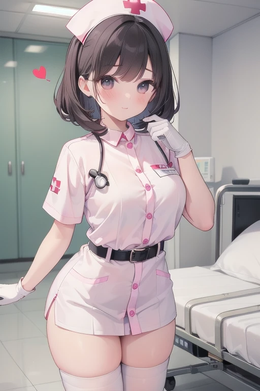 1girl, solo, nurse, nurse cap, white wear, ((white legwear, zettai ryouiki)), white gloves, pink hair, drooping eyes, ((covered nose)), standing, ((hospital room)), sharp outline, short sleeves, best quality, masterpiece,Fleshy,Brown eyes,Fleshy,Black hair,happy,lol,Heart,belt