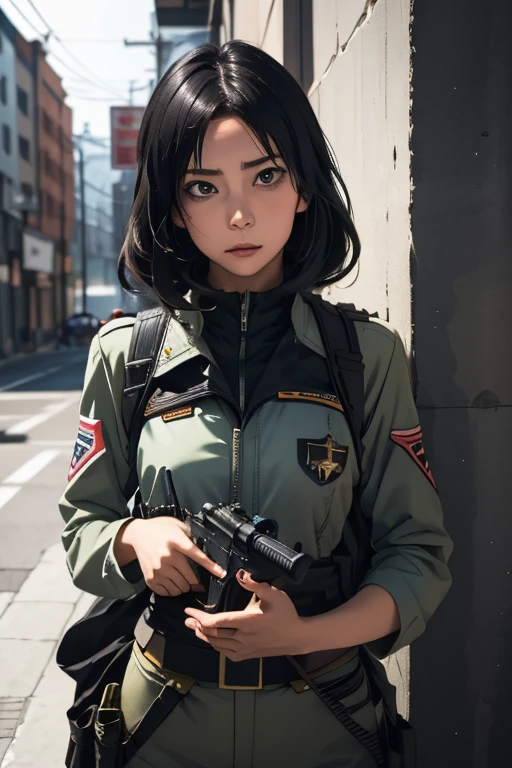 survival game、Black combat uniform、survival gameのフィールド、A beautiful girl is holding a pistol、head to waste、