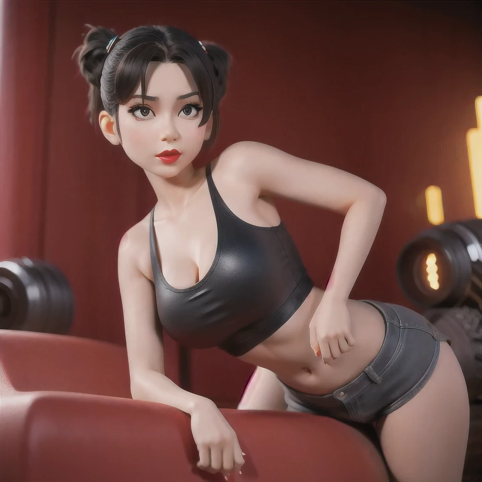 (((1 Girl)))1 Girl
3d
bare shoulders
black eyes
black hair
blurry
blurry background
breasts
brown eyes
depth of field
leaning forward
lips
lipstick
looking at viewer
makeup
nose
outdoors
realistic
red lips
short hair
shorts
solo
tank top,(Desert Abyss)