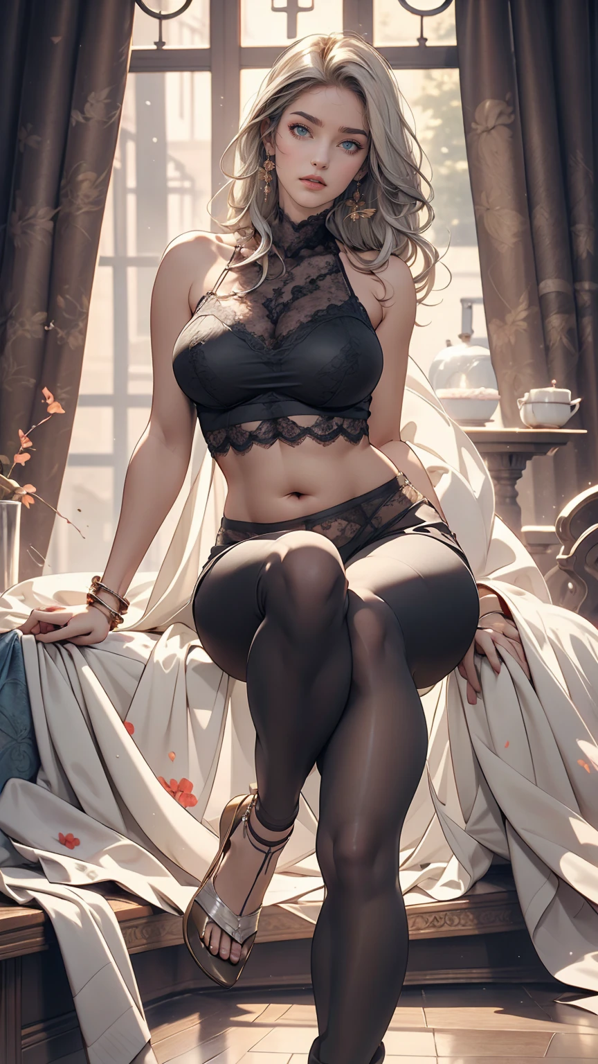 24 year old Caucasian female、Silver Hair、long hair、Hair becomes wavy、Outstanding proportions、Wear a sheer romper decorated with lace、Breasts are visible through the skin、I can see my belly button、Wear low rise leggings、Wear stiletto heels、Cowboy Shot、sexy pose