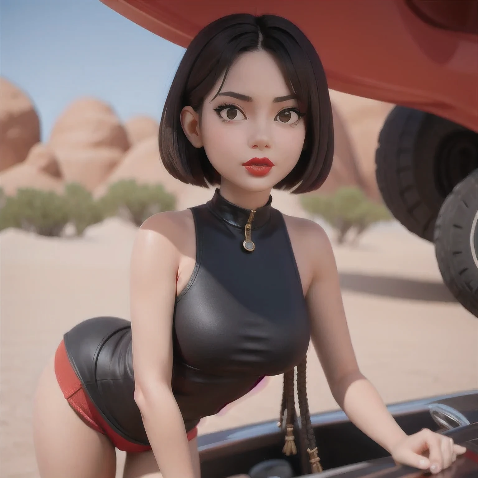 （（（1 Girl）））1 Girl
3d
bare shoulders
black eyes
black hair
blurry
blurry background
breasts
brown eyes
depth of field
leaning forward
lips
lipstick
looking at viewer
makeup
nose
outdoors
realistic
red lips
short hair
shorts
solo
tank top，(Desert Abyss)
