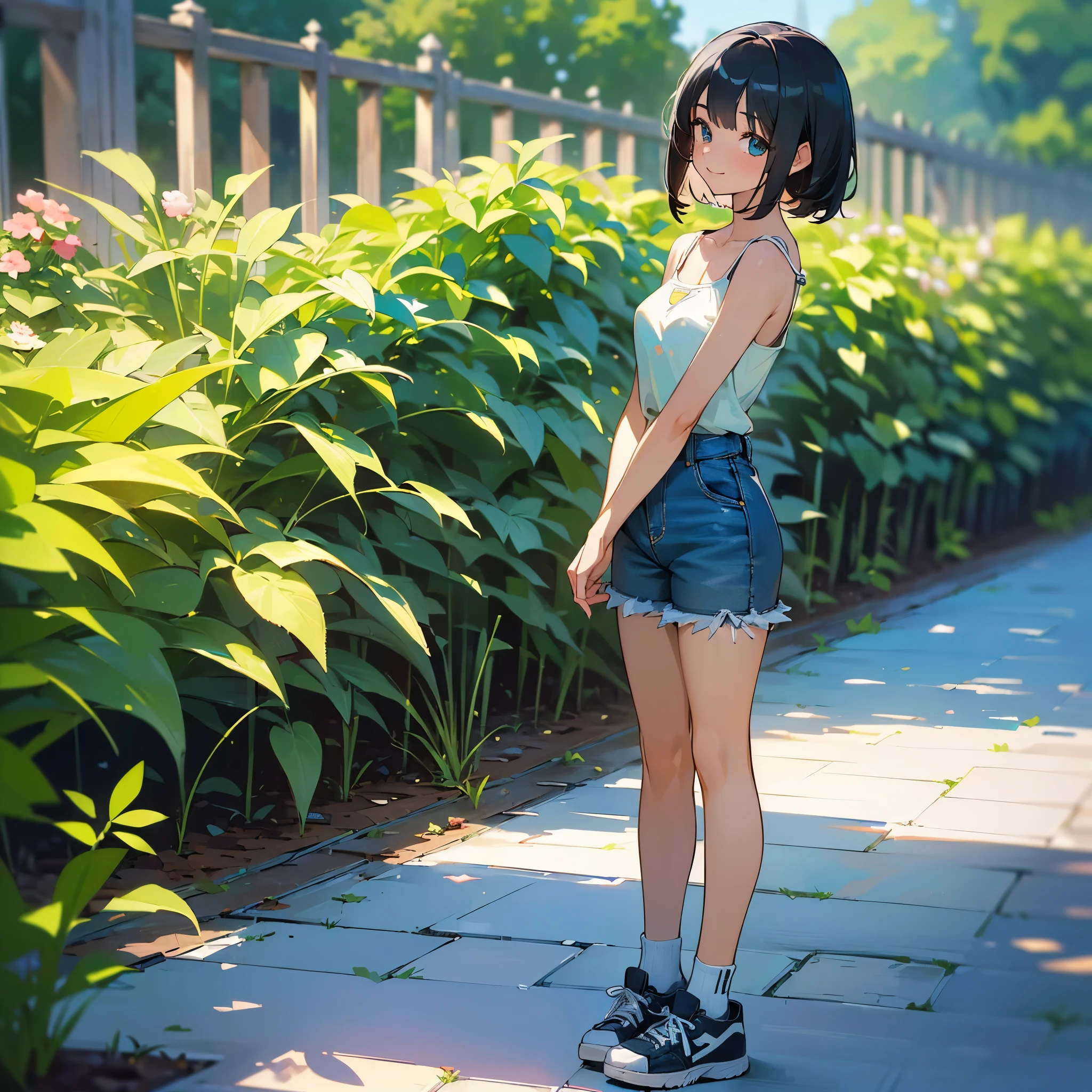 (high quality, High resolution, Very detailed, reality:1.37), Peaceful atmosphere, (Outdoor, garden), age girl standing alone, (my brea big.), Beautiful details, Cute Smile, (Black bob hair), camisole, Denim shorts, Blue socks, sneakers.