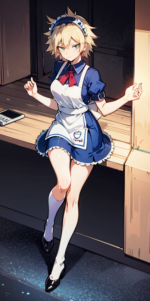 1girl, full body, short blonde hair, green eyes, blue maid dress, mitsuki bakugo from my hero academy