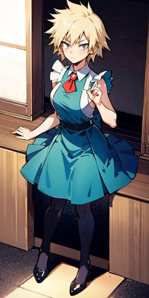 1girl, full body, short blonde hair, green eyes, blue maid dress, mitsuki bakugo from my hero academy