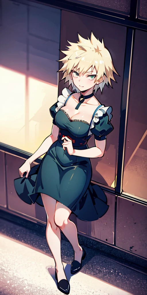 1girl, full body, short blonde hair, green eyes, blue maid dress, mitsuki bakugo from my hero academy
