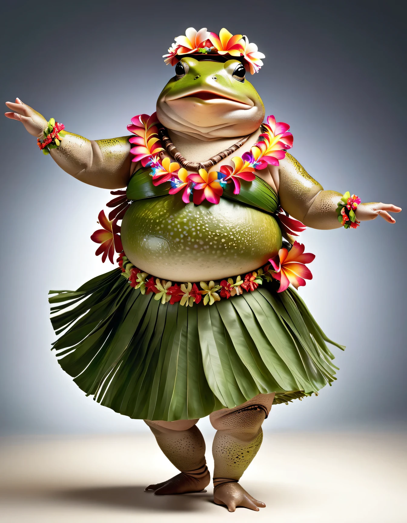 photorealistic portrait of Dressed animals - a ((fat)) toad hula dancer,(hula dancing:2.0), (reaching arms to the side:1.5),high quality,(lovely) ,intricate details, highly detailed ((female hula dance costume)) ,highly detailed decorations, wearing flower lei and (bikini), natural toad skin,(happy), studio lighting,(full body image:1.5),simple background,(looking to the side:1.5)