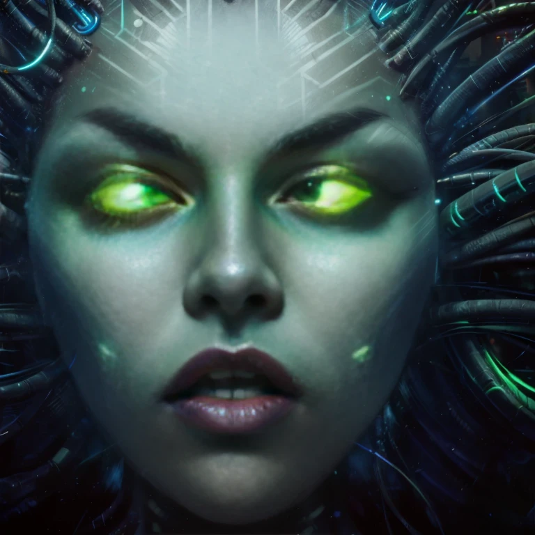 a close up of a person with a face with glowing lights, cyberpunk medusa, shodan from system shock 2, system shock 2, cyberpunk face, cyberpunk angry gorgeous druid, complex cybernetic beings, cyborg goddess in cosmos, cyberpunk angry gorgeous goddess, advanced digital cyberpunk art, depraved cybernetic demon, psytrance and giger, cybernetic glowing