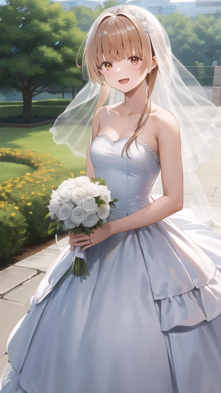 masterpiece, best quality, highres, Shiina Mahiru, long hair, small breasts, strapless, wedding dress, white dress, garden, standing, cowboy shot, smile, open mouth, holding bouquet, confetti,