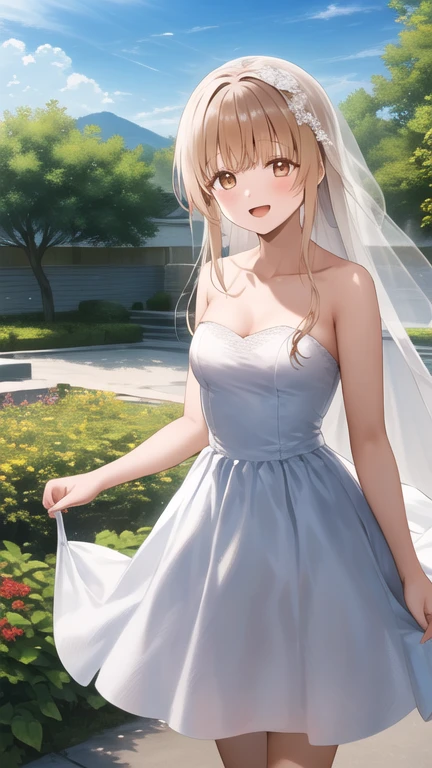 masterpiece, best quality, highres, Shiina Mahiru, long hair, small breasts, strapless, wedding dress, white dress, garden, standing, cowboy shot, smile, open mouth, holding bouquet, confetti,