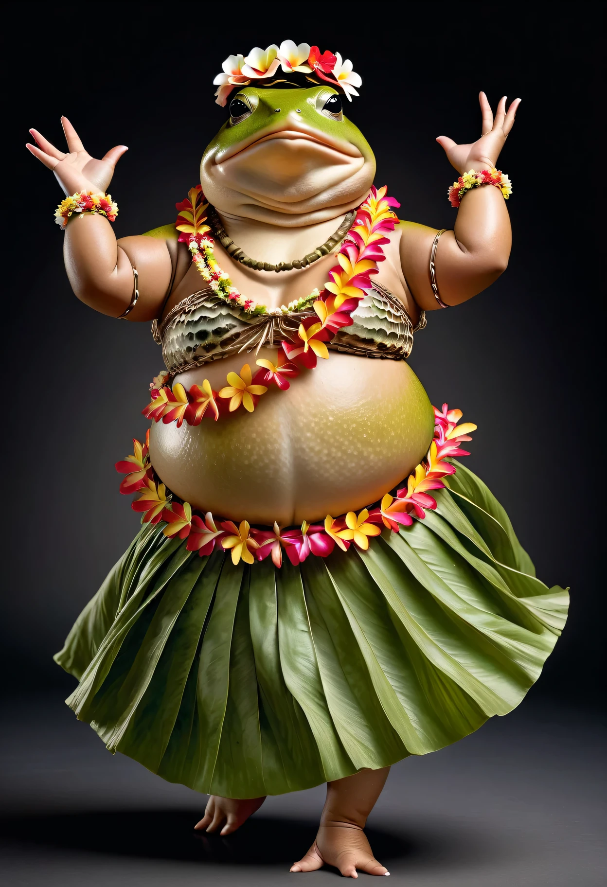 photorealistic portrait of Dressed animals - a ((fat)) toad hula dancer,(hula dancing:2.0), (reaching arms to the left:1.5),high quality,(lovely) ,intricate details, highly detailed ((female hula dance costume)) ,highly detailed decorations, wearing flower lei and (bikini), natural toad skin,(happy), studio lighting,(full body image:1.5),simple background,(looking to the side:1.5)