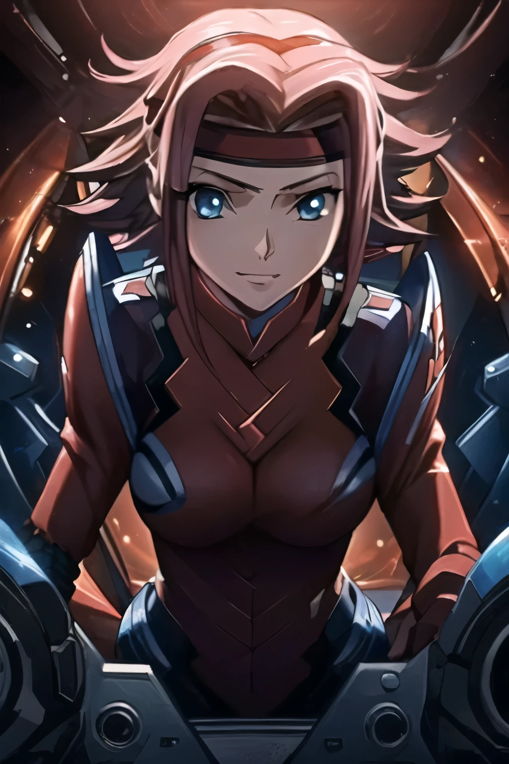 (best quality, masterpiece:1.3),kallencodegeass,(pilotsuitr2:1.3), extremely detailed,1girl,(colorful),(finely detailed beautiful eyes and detailed face),blue eyes,red hair,cinematic lighting,extremely detailed CG unity 8k wallpaper,solo,smile,cockpit,(cowboy shot:1.3),(red headband:1.3)