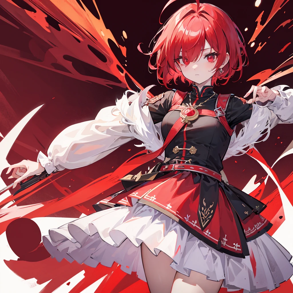 hair over one eye, red hair, ahoge, short hair, red eyes, devil pupils, 8k, super detail, UHD, high quality, high details, 16k,Cute goddess
