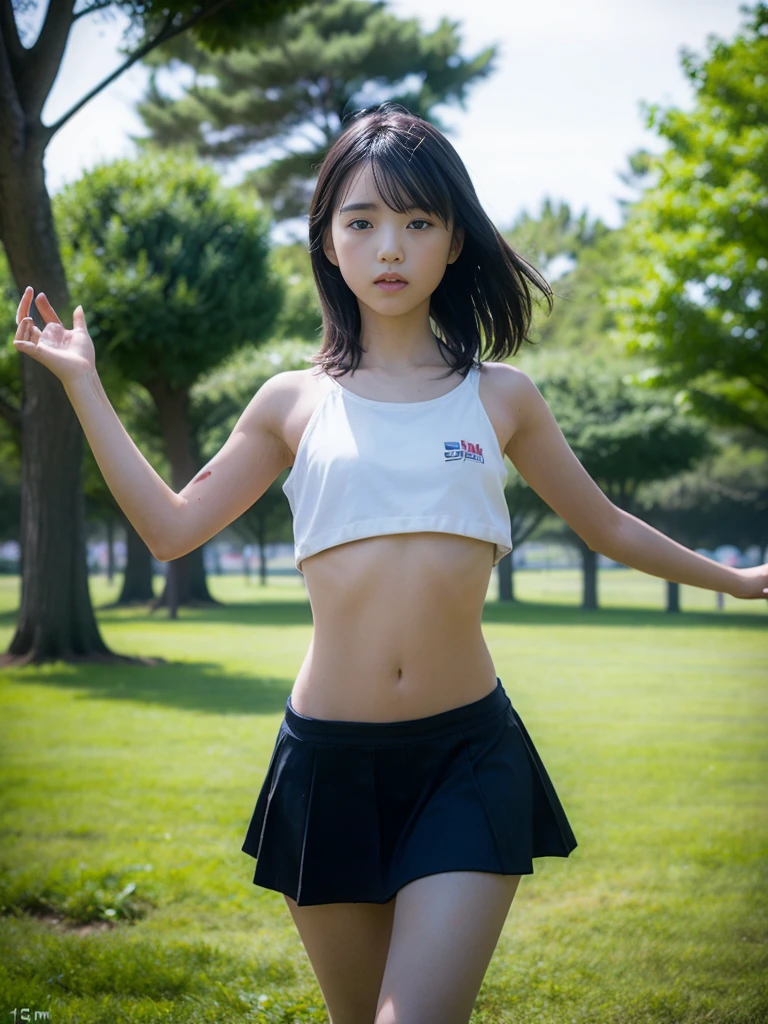 (masterpiece, highest quality:1.4), Award-winning portraits, 8k, 85mm, alone, Beautiful Face, Delicate girl,  (Cheerleader、On the grass), Sophisticated, cute, 15 years old, RAW Photos, Confused, High resolution, Sharp focus, Background Blur、(((flat  、thin and delicate body、Childish atmosphere)))、shiny semi-long hair、Mole on the left cheek、 Dark blue eyes、the skirt is swaying in the wind、Hair swaying in the wind、sexy、flexible legs、naked