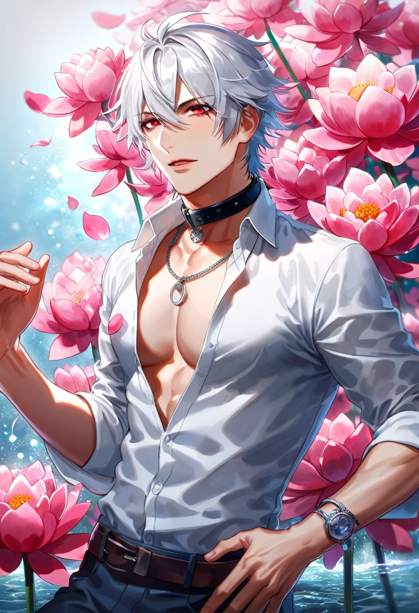 (absurdres, highres, ultra detailed, HDR), masterpiece, best quality, Aohitsugi Samatoki, white hair, expressive red eyes, Hypnosis Mic, solo, sexy man, handsome, white shirt with rolled-up sleeves, with the collar unbuttoned, silver necklace, water, pink lotus, pink butterflies, pink petals, blossoms, fantasy, magical