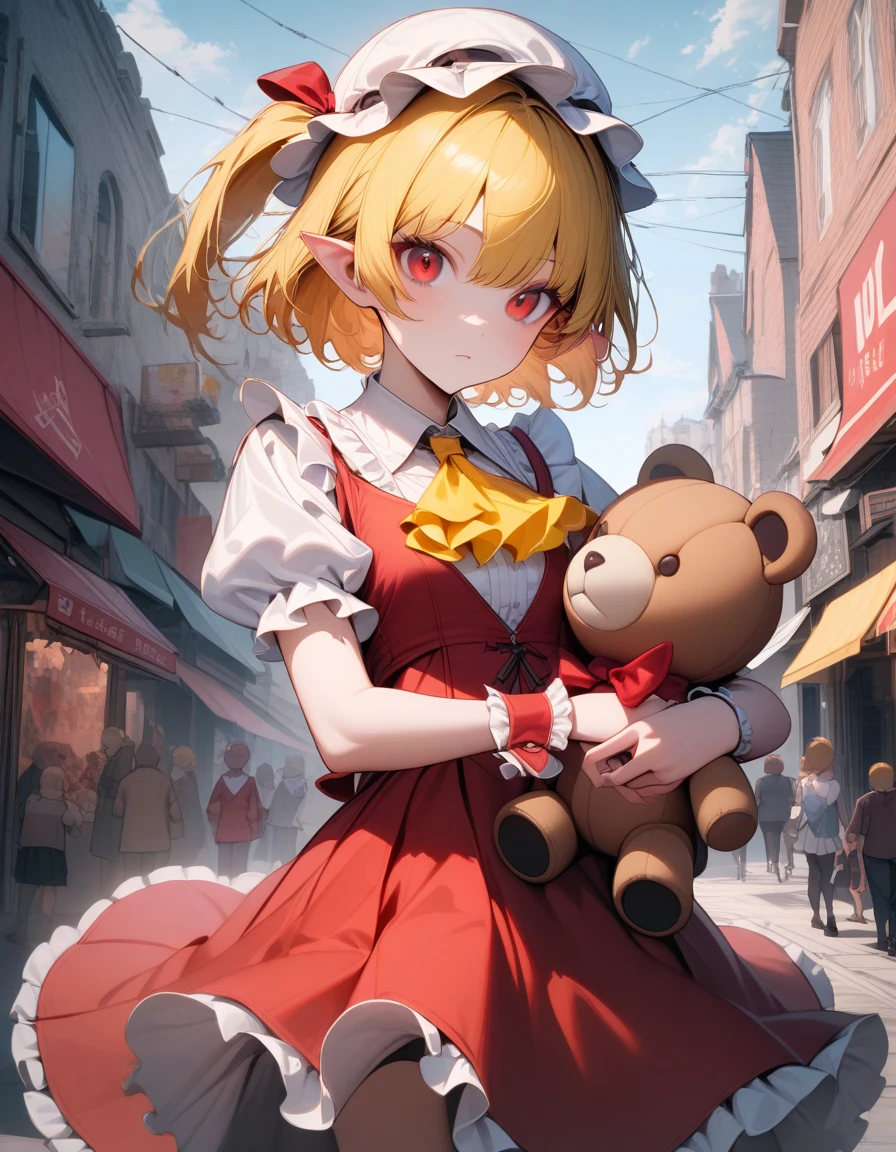 One girl, Flanders Scarlet, East, Have, Mob Cap, alone, Blonde Hair, stuffed toy, red Best, wing, 動物のstuffed toy, teddy bear, Red eyes, crystallization, Best, White Hat, Outdoor, Short sleeve, One side up, Holding, Puffy sleeves, skirt, shirt, Pointed Ears, red skirt, View Viewer, puffy Short sleeve, Ascot, yellow Ascot, Wrist cuff, white shirt, Holding stuffed toy, bow, Frills, red bow, collared shirt, ribbon, frilled shirt collar, red ribbon, Medium Hair Masterpiece, highest quality, so beautiful, Absurd