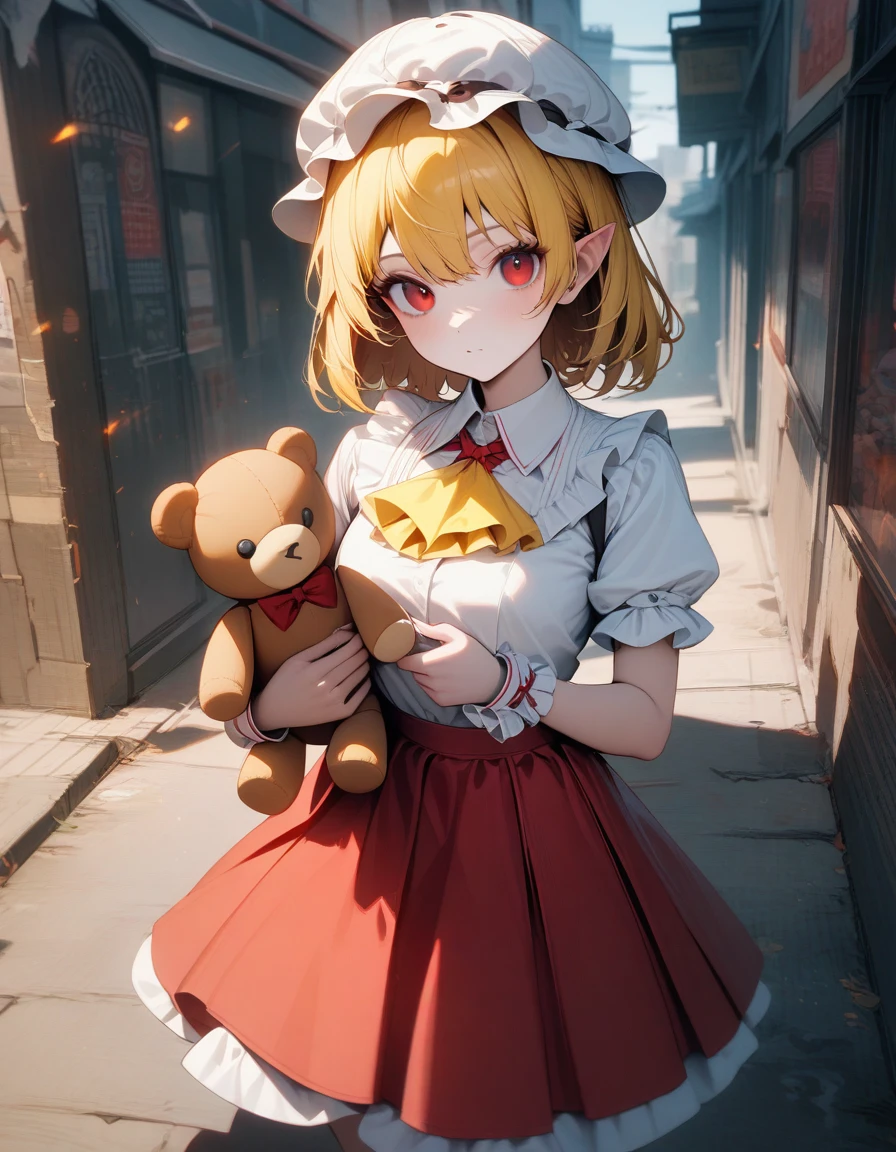 One girl, Flanders Scarlet, East, Have, Mob Cap, alone, Blonde Hair, stuffed toy, red Best, wing, 動物のstuffed toy, teddy bear, Red eyes, crystallization, Best, White Hat, Outdoor, Short sleeve, One side up, Holding, Puffy sleeves, skirt, shirt, Pointed Ears, red skirt, View Viewer, puffy Short sleeve, Ascot, yellow Ascot, Wrist cuff, white shirt, Holding stuffed toy, bow, Frills, red bow, collared shirt, ribbon, frilled shirt collar, red ribbon, Medium Hair Masterpiece, highest quality, so beautiful, Absurd