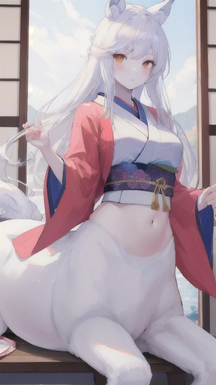 (best quality, masterpiece), 1 girl, centaur, It takes,White skin, kimono, belly button t-shirt, 아름다운 소녀 perfect wolf photo, perfect wolf photo
