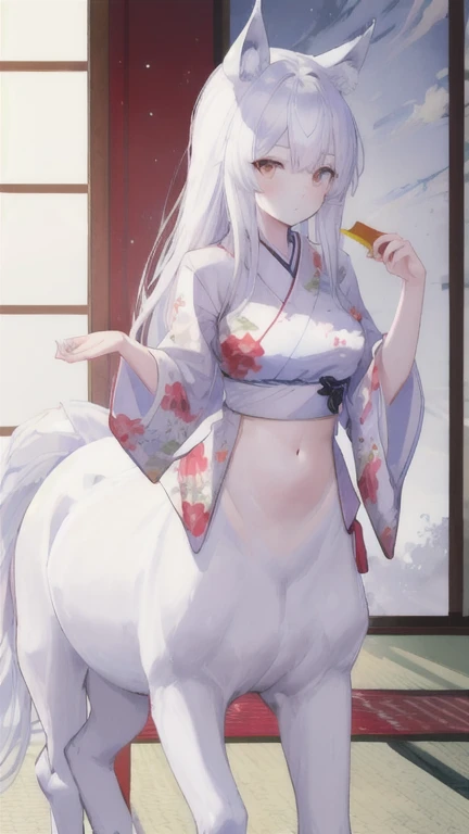 (best quality, masterpiece), 1 girl, centaur, It takes,White skin, kimono, belly button t-shirt, 아름다운 소녀 perfect wolf photo, perfect wolf photo