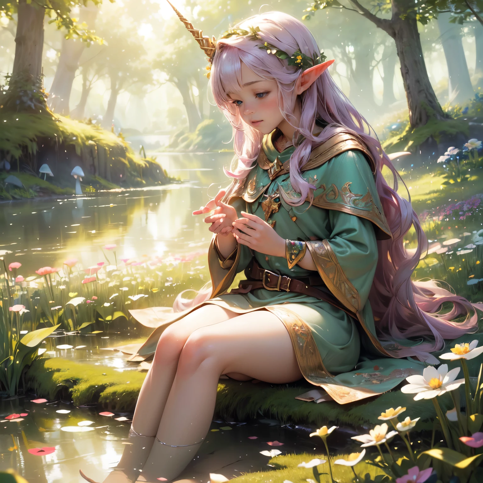 (best quality,4k,8k,highres,masterpiece:1.2),ultra-detailed,(realistic,photorealistic,photo-realistic:1.37),little elf,in a flower field,surrounded by fairies and points of light,flying petals, magical atmosphere,enchanting,mushrooms, vibrant colors,soft sunlight,glistening dewdrops, lake with unicorn
