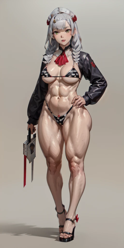 (full body shot, masterpiece, best_quality, plain background, ultra-detailed, immaculate:1.2)
m1tsuk1, solo, red eyes, long white silver braids, female focus, happy close mouth reed cheeks, looking at viewer, bikini, heels, standing, hand on hip,