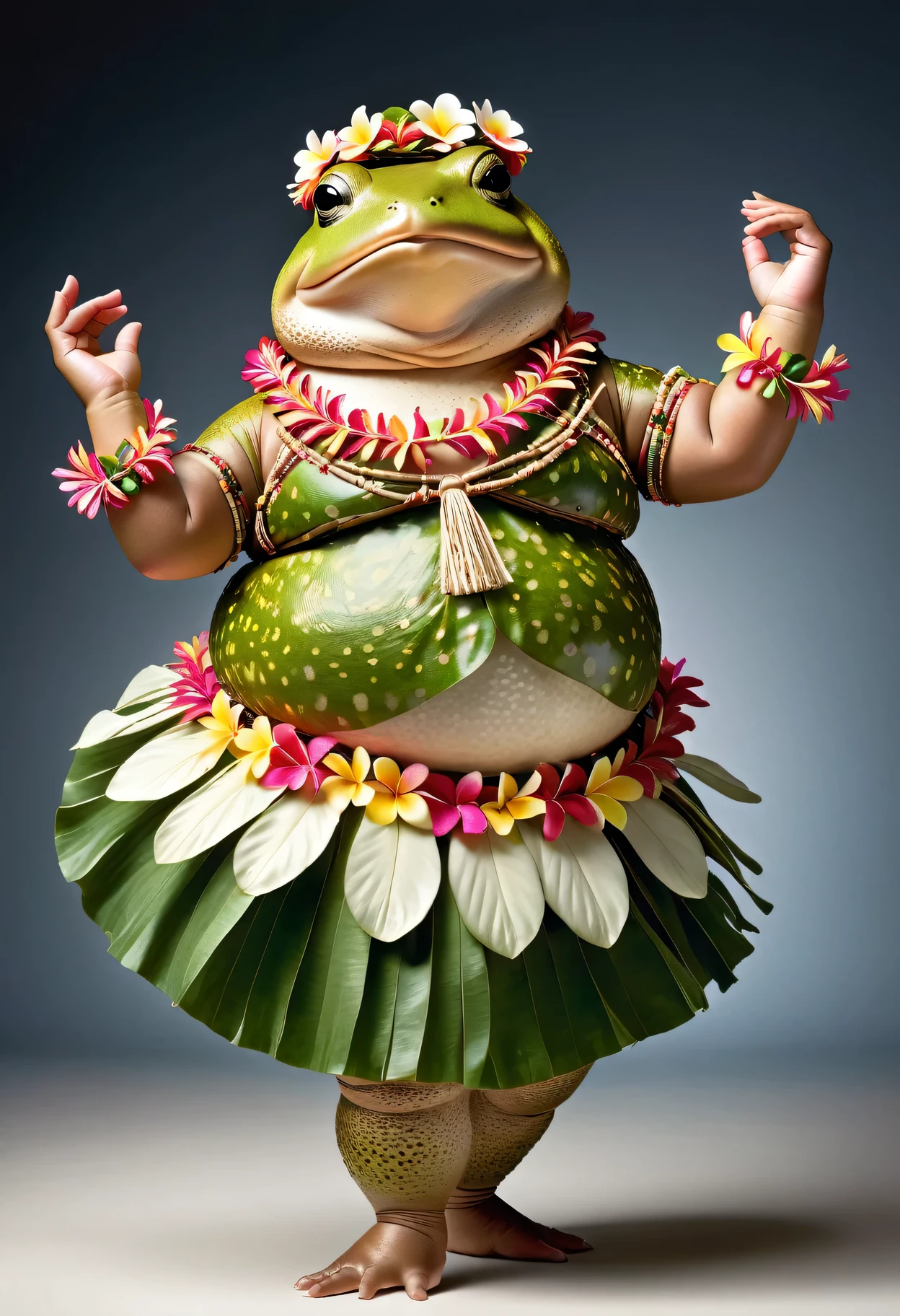 photorealistic portrait of Dressed animals - a ((fat)) toad hula dancer,(hula dancing:2.0), (reaching both arms to the left:1.5),high quality,(lovely) ,intricate details, highly detailed ((female hula dance costume)) ,highly detailed decorations, wearing flower lei and (bikini), natural toad skin,(happy), studio lighting,(full body image:1.5),simple background,(looking to the side:1.5)