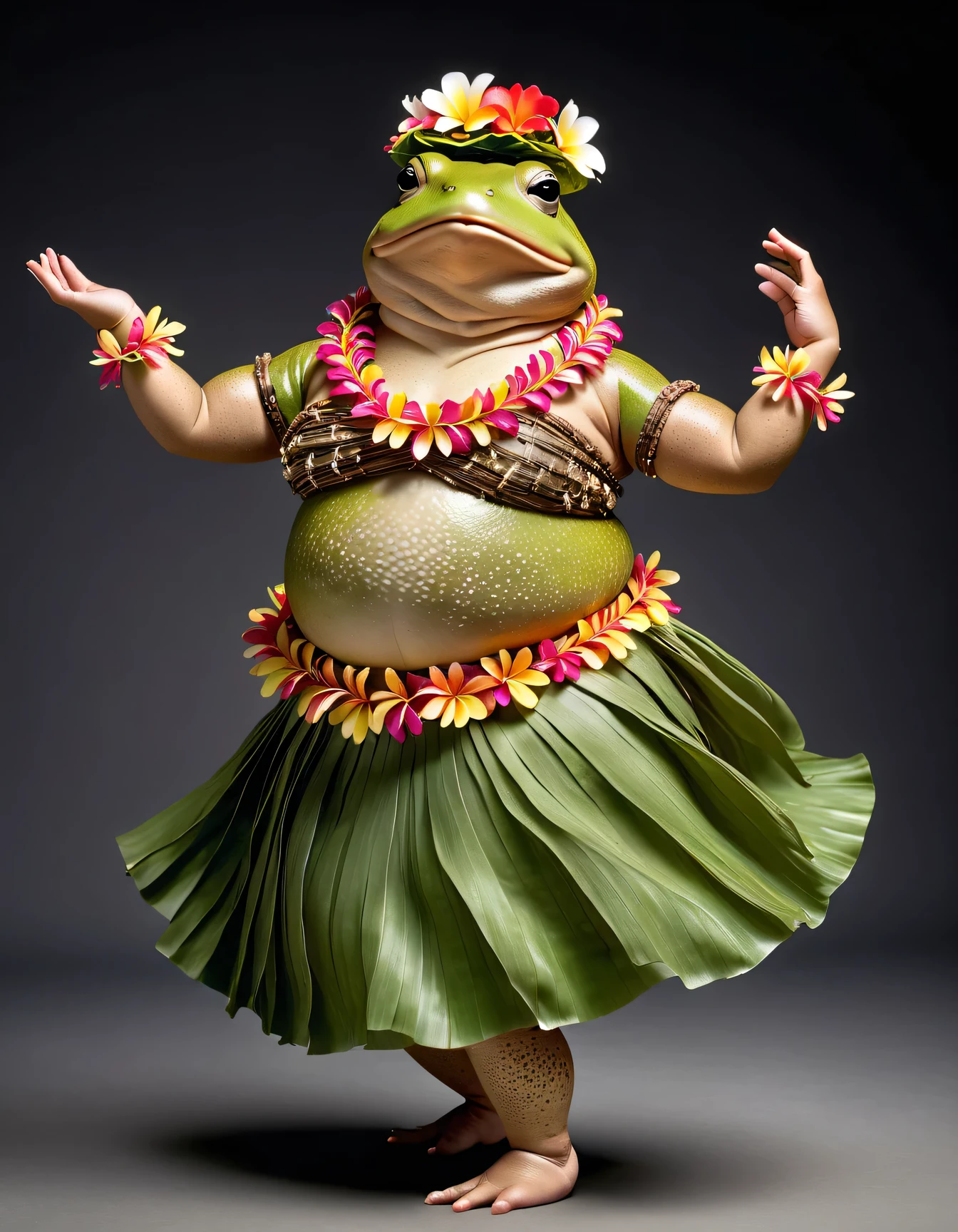 photorealistic portrait of Dressed animals - a ((fat)) toad hula dancer,(hula dancing:2.0), (swinging arms to the side :1.5),high quality,(lovely) ,intricate details,(natural toad skin texture), highly detailed ((female hula dance costume)) ,highly detailed decorations, wearing flower lei and (bikini), (happy), studio lighting,(full body image:1.5),simple background,(viewed from side:1.5)