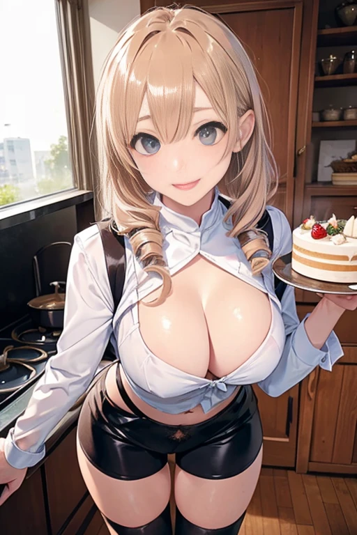 (dynamic angle:1.3, front view:1.1, breast focus:1.3, from above:1.1), (dynamic posing:1.2, sexy posing:1.2), (seductive smiling:1.3), ((looking at cake,Taking a cake out of the golden oven, worried about the outcome:1.2)),highest quality、(real、photorealistic:1.4),(ultra high resolution, 8K RAW photo, clear focus), best qualtiy, natural lighting, field depth, (Bright pupils, detailed beautiful eyes, high detailed face), Red lip, (tight focus:1.2), a girl 22yo old, Wearing a pastry chef uniform:1.3 , Thicc, thin breast, long hair, blue eyes,garter stocking, cleavage:1.2, midriff, black shorts, black thighhighs, thigh strap, pretty girl, (highly detailed beautiful face and eyes,firm breasts),real skin,((black,hair,long pony tail hair)),thin pubic hair,cute,lovely, detailed eyes,(double breasted:1.0,under bust:1.0),(with sparkling eyes and a contagious smile),open mouth, Looking at Viewer,A scene of cooking in the kitchen,looking at the golden oven
